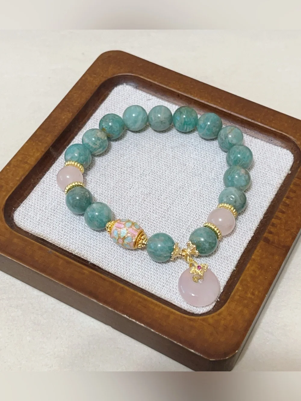 Handmade Natural Blue Amazonite Bracelet | Flower Charm & Agate Peace Buckle10mm